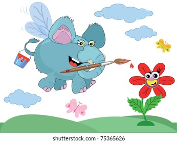 An elephant paints a flower,vector