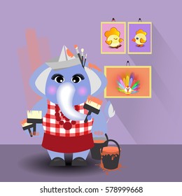 elephant paints the wall. children s illustration. is used to print, website, smart phone, design, textiles, ceramics, fabrics prints postcards packaging etc