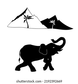 Elephant, palm tree, mountains. Sketch, vector illustration.