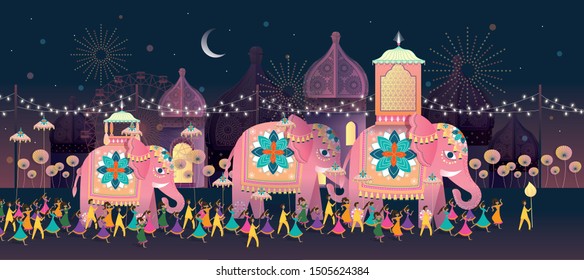 elephant parade deepavali/diwali greetings template vector/illustration