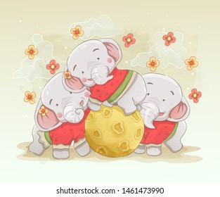 elephant parents playing with their children. baby elephants play with the moon