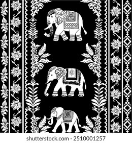 Elephant Pattern, Black White Background, Seamless Floral Pattern