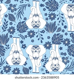 
elephant pattern with blue leaves seamless light background