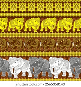 Elephant pattern and Damask pattern, brown and gold, continuous pattern suitable for decoration.