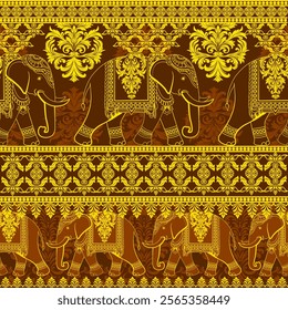 Elephant pattern and Damask pattern, brown and gold, continuous pattern suitable for decoration.