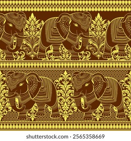 Elephant pattern and Damask pattern, brown and gold, continuous pattern suitable for decoration.