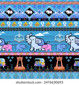 Elephant pattern, geometric pattern fabric
Local fabrics, tiles, carpets, traditional sarongs with seamless patterns using geometric shapes.