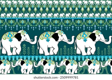 Elephant Pattern Green Background Seamless Floral Pattern