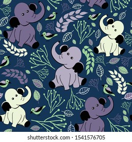 Elephant pattern for kids.This Vector seamless Repeat pattern with a dark blue background perfect for tropical  or animal nursery products, fabric and textiles or kids apparel.