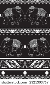 Elephant pattern. Seamless. White stripes, black background. Ethnicity. Floral patterns, printed fabrics, pants, Lanna.