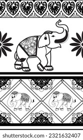 Elephant pattern. Seamless. White stripes, black background. Ethnicity. Floral patterns, printed fabrics, pants, Lanna.