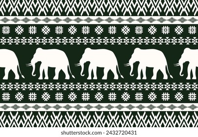 Elephant pattern. Seamless. White stripes, green background. Ethnicity. Floral patterns, printed fabrics, pants, Lanna.