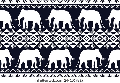 Elephant pattern. Seamless. White stripes, blue background. Ethnicity. Floral patterns, printed fabrics, pants, Lanna. svg