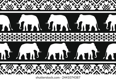 Elephant pattern. Seamless. White stripes, blue background. Ethnicity. Floral patterns, printed fabrics, pants, Lanna.