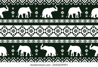 Patrón de elefante. Sin costuras. Rayas blancas, fondo oscuro. Etnia. Estampados florales, tejidos estampados, pantalones, Lanna.