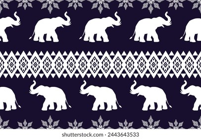 Elefantenmuster. Nahtlos. Weiße Streifen, dunkler Hintergrund. Ethnizität. Blumenmuster, bedruckte Stoffe, Hosen, Lanna.