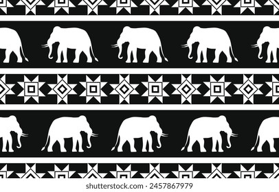 Patrón de elefante. Sin costuras. Rayas blancas, fondo de color oscuro. Etnia. Estampados florales, tejidos estampados, pantalones, Lanna.