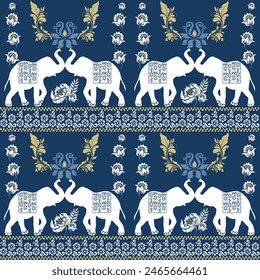 Elephant pattern. Seamless. White stripes, blue navy background. Ethnicity. Floral patterns, printed fabrics, pants,Elephant Ikat,Thai Traditional, ethnic