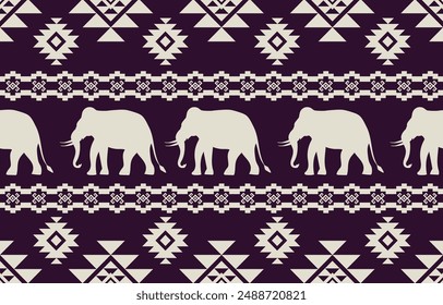 Elephant pattern. Seamless. White stripes, blue background. Ethnicity. Floral patterns, printed fabrics, pants, Lanna.