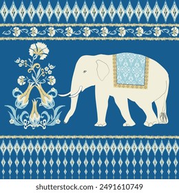 Elephant pattern. Seamless. White stripes, blue navy background. Ethnicity. Floral patterns, printed fabrics, pants,Elephant Ikat,Thai Traditional, ethnic