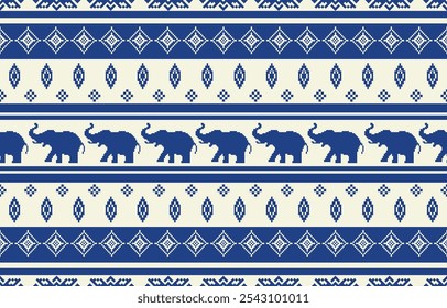 Elefantenmuster. Nahtlos. Weiße Streifen, blauer Hintergrund. Ethnizität. Blumenmuster, bedruckte Stoffe, Hosen, Lanna.