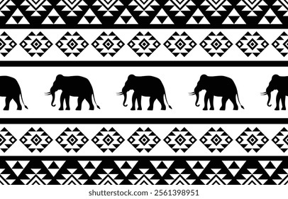 Elephant pattern. Seamless. White stripes, black background. Ethnicity. Floral patterns, printed fabrics, pants, Lanna.