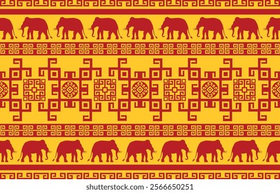Elephant pattern. Seamless. White stripes, blue background. Ethnicity. Floral patterns, printed fabrics, pants, Lanna.