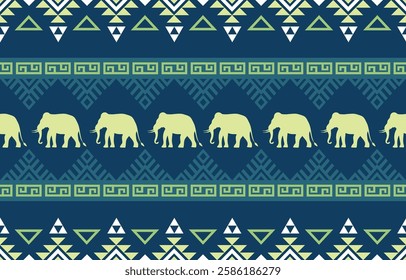 Elephant pattern. Seamless. White stripes, blue background. Ethnicity. Floral patterns, printed fabrics, pants, Lanna.