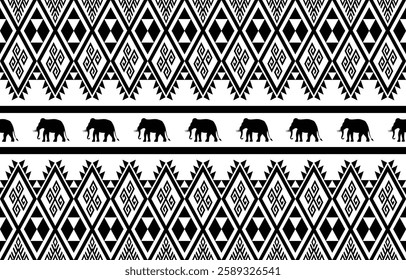 Elephant pattern. Seamless. White stripes, blue background. Ethnicity. Floral patterns, printed fabrics, pants, Lanna.