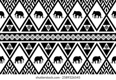 Elephant pattern. Seamless. White stripes, blue background. Ethnicity. Floral patterns, printed fabrics, pants, Lanna.