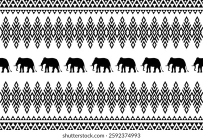 Elephant pattern. Seamless. White stripes, blue background. Ethnicity. Floral patterns, printed fabrics, pants, Lanna.