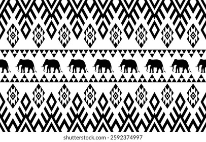 Elephant pattern. Seamless. White stripes, blue background. Ethnicity. Floral patterns, printed fabrics, pants, Lanna.