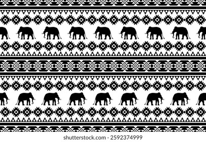 Elephant pattern. Seamless. White stripes, blue background. Ethnicity. Floral patterns, printed fabrics, pants, Lanna.