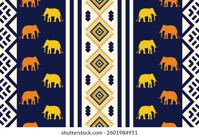 Elephant pattern. Seamless. White stripes, blue background. Ethnicity. Floral patterns, printed fabrics, pants, Lanna.