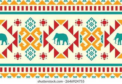 Elephant pattern. Seamless. White stripes, colorful background. Ethnicity. Floral patterns, printed fabrics, pants, Lanna.