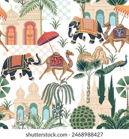 Elephant, peacock, camel and architecture in the town oriental seamless pattern. Indian wallpaper.	