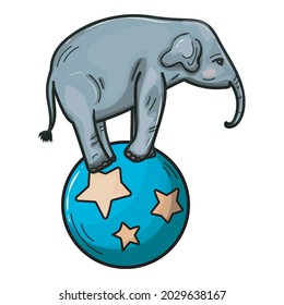 Elephant Performs on the Blue Ball at the Circus Arena, Cartoon Hand Drawn Vector Illustration