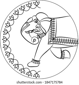 Elephant rendered in Pichwai style. Indian folk art. for a coloring book, textile/ fabric prints, phone case, greeting card. logo, calendar
