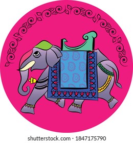 Elephant rendered in Pichwai style. Indian folk art. for a coloring book, textile/ fabric prints, phone case, greeting card. logo, calendar
