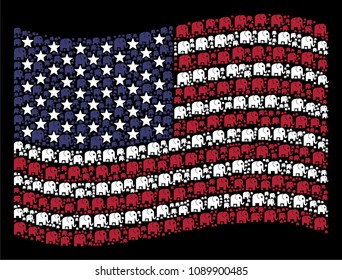 Elephant pictograms are composed into waving USA flag mosaic on a dark background. Vector composition of American state flag is composed of elephant elements.