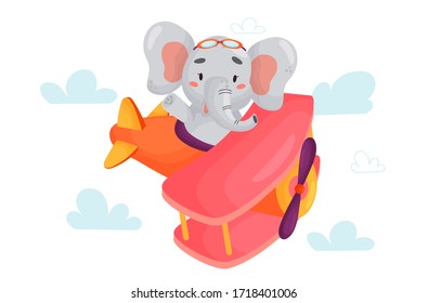 Elephant pilot is flying on plane through the clouds. Cute cartoon vector illustration for children on white isolated background.