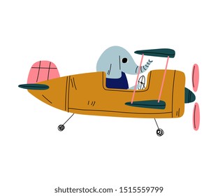 Elephant Pilot Flying on Retro Plane in the Sky, Cute Animal Character Piloting Airplane Vector Illustration