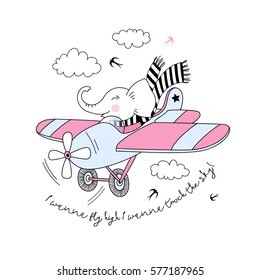 elephant  pilot flying plane , kid illustration