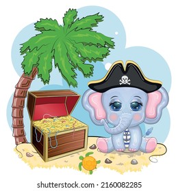 Elephant pirate, cartoon character of the game, wild animal in a bandana and a cocked hat with a skull, with an eye patch. Character with bright eyes and treasure chest