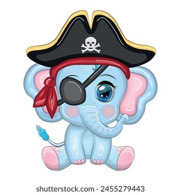 Pirata elefante, personaje de dibujos animados del juego, animal salvaje en un pañuelo y un sombrero de pato con una calavera, con un parche en el ojo. Personaje con ojos brillantes Aislado en blanco