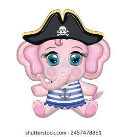 Pirata elefante, personaje de dibujos animados del juego, animal salvaje en un pañuelo y un sombrero de pato con una calavera, con un parche en el ojo. Personaje con ojos brillantes Aislado en blanco