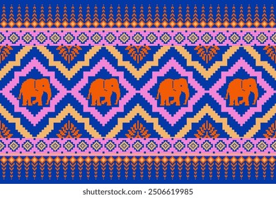 elephant pixel art pattern, Geometric ethnic tribal textile fabric, seamless pixel art, cross stitch pattern.design for texture, Embroidery, Textile ornamentation, fabric, Hand stitched pattern,damask