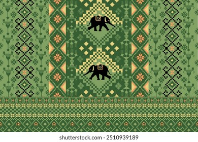 Projeto de padrão de pixel de elefante e vários elementos geométricos de estilo étnico. e padrões de tecido étnico Padrões verdes e laranja e amarelos Há designs de pixel de flor para fazer papel de parede, têxteis