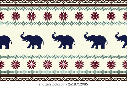 Padrão de pixel de elefante. Sem emenda. Listras brancas, fundo colorido. Etnia. Padrões florais, tecidos impressos, calças, Lanna.