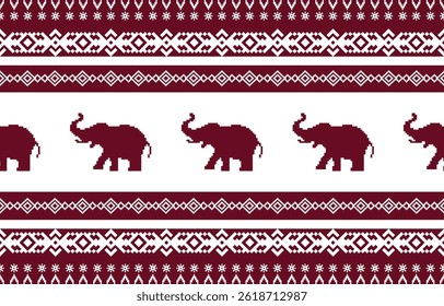 Elephant pixel pattern. Seamless. White stripes, colorful background. Ethnicity. Floral patterns, printed fabrics, pants, Lanna.